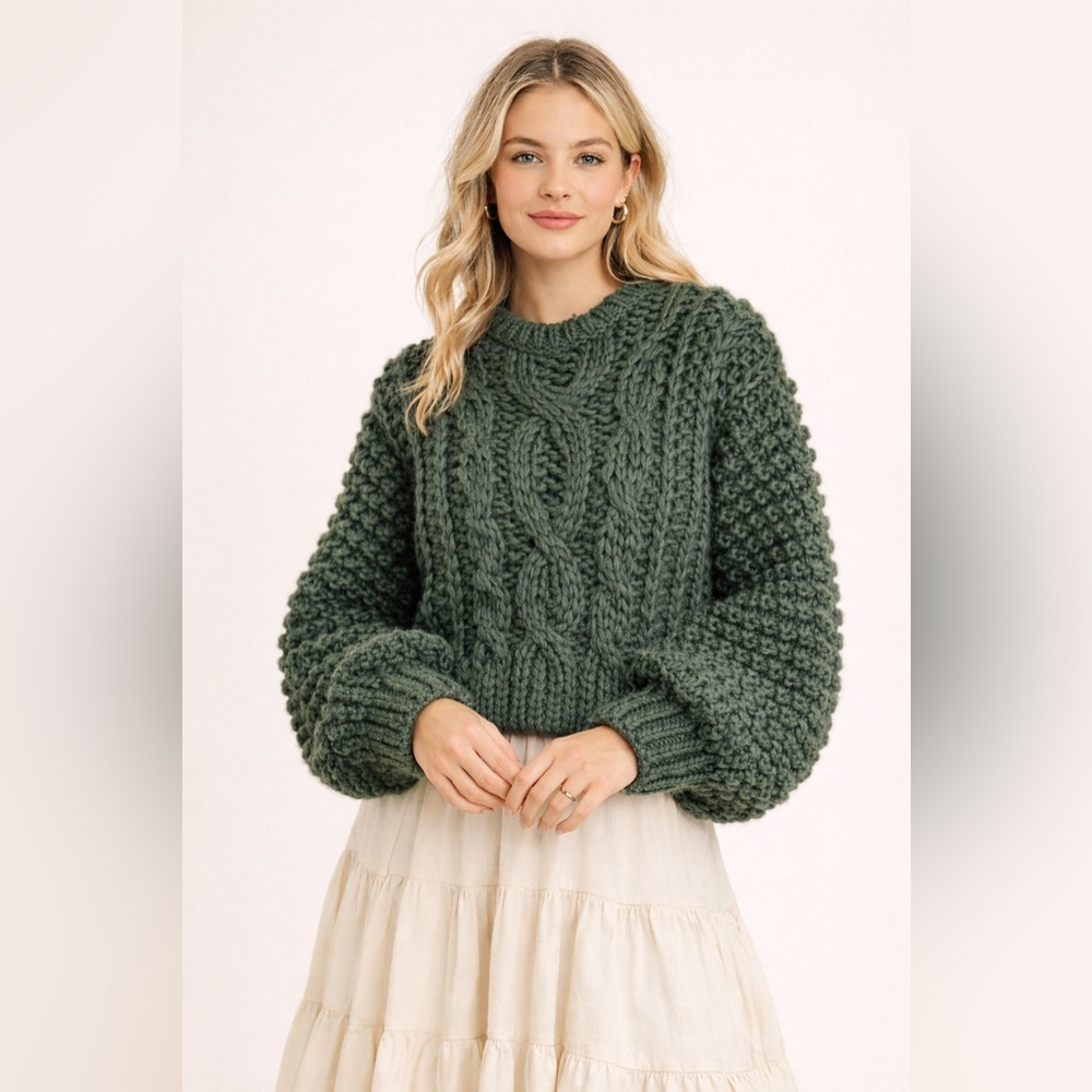 Ivy City Co Erica Sweater Chunky Cable Knit Cozy Wool Blend Emerald Green Small